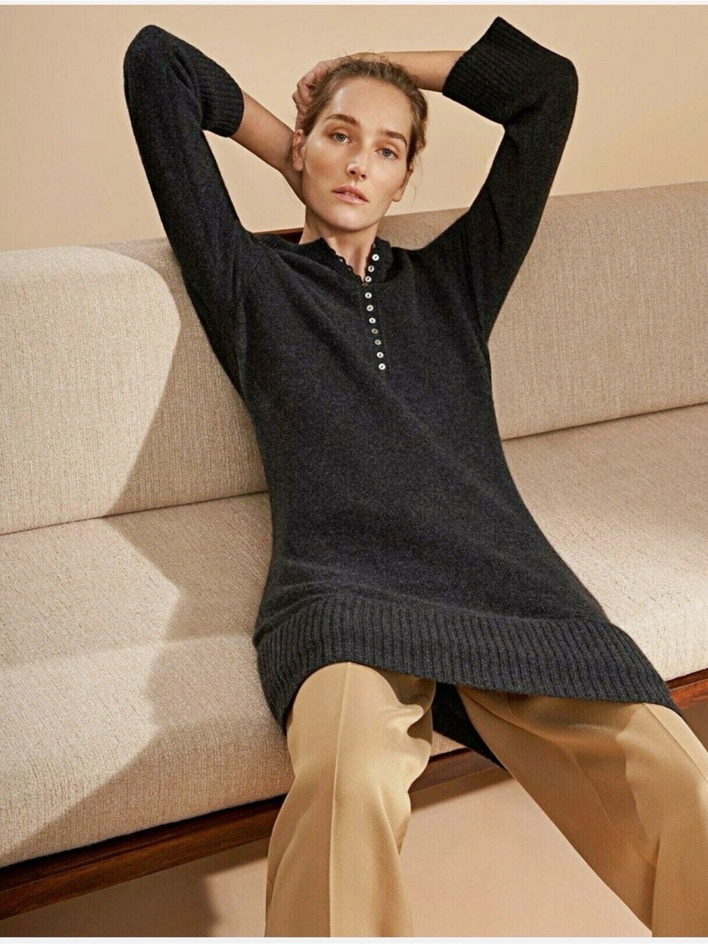 Theory 100% Cashmere Charcoal Gray Button-Front Crewneck Sweater Dress